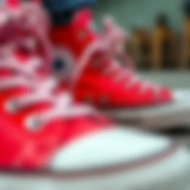 A close-up view of red stacked Converse showcasing their unique design features.