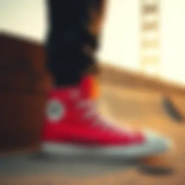 A fashion-forward individual styling red stacked Converse with contemporary streetwear.