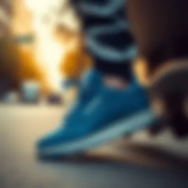 Reebok CL Legacy Blue in Action Reebok CL Legacy Blue worn in an urban skateboarding setting