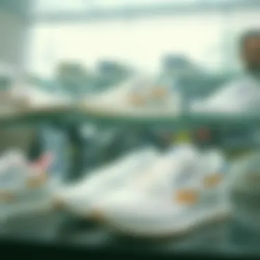 Historical display of Reebok sneaker models including the Classic Nylon All White