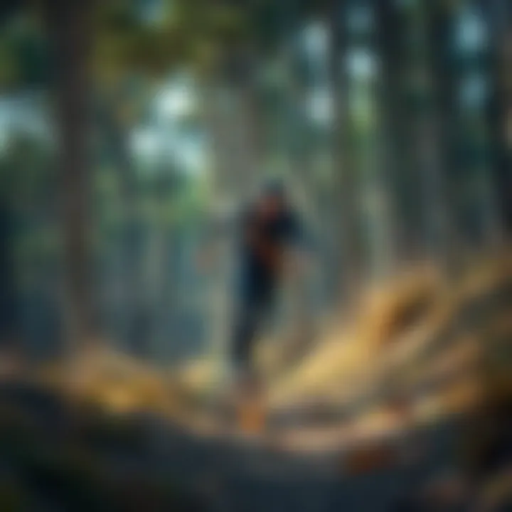 Nature Meets Innovation: One-Wheel Skateboarding in the Wild A rider navigating through a forest trail on a one-wheel skateboard