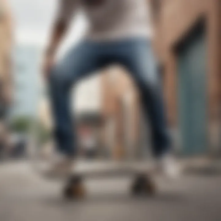 Skateboarder wearing RSQ jeans in an urban environment, highlighting mobility and style