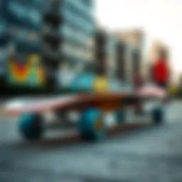 A vibrant Sector 9 longboard displayed against an urban backdrop