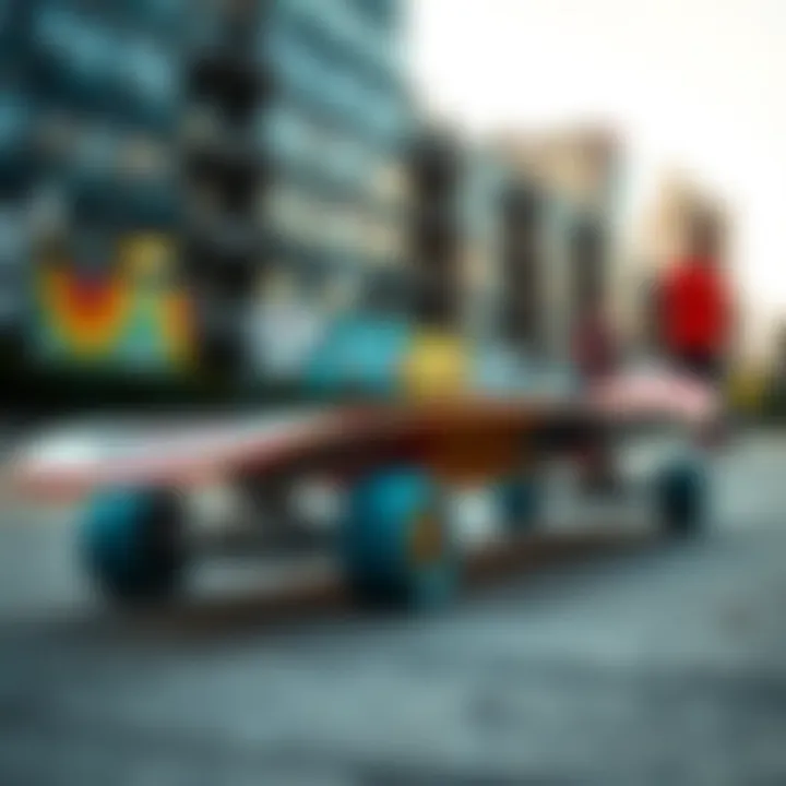 Sector 9 Longboard in Urban Environment A vibrant Sector 9 longboard displayed against an urban backdrop