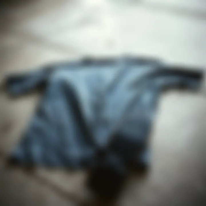 A skateboard resting on a 3XL long t-shirt laid out on concrete.