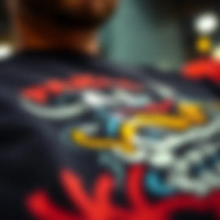 Close-up of graphic designs on a 3XL long t-shirt.