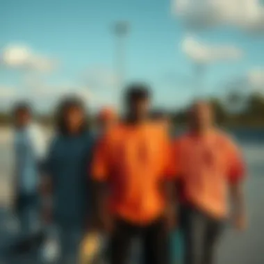Group of skateboarders wearing 3XL long t-shirts at a skate park.