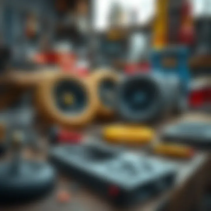 Essential Maintenance Tools for Wheel Covers Maintenance tools and tips laid out next to skateboard wheel covers in a workshop setting