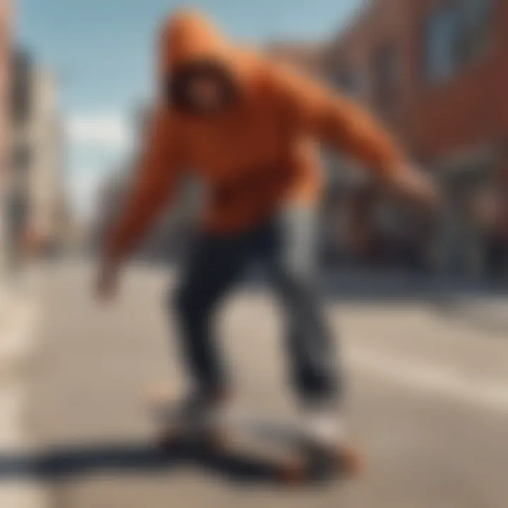 Skateboarder wearing a burnt orange hoodie in an urban setting