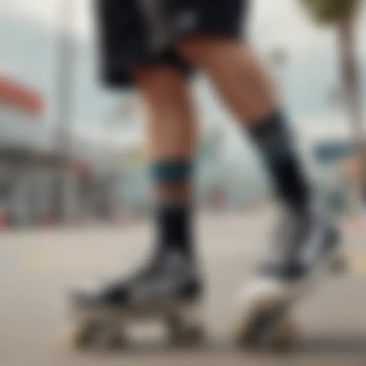 Close-up of a skateboarder wearing stylish graphic crew socks