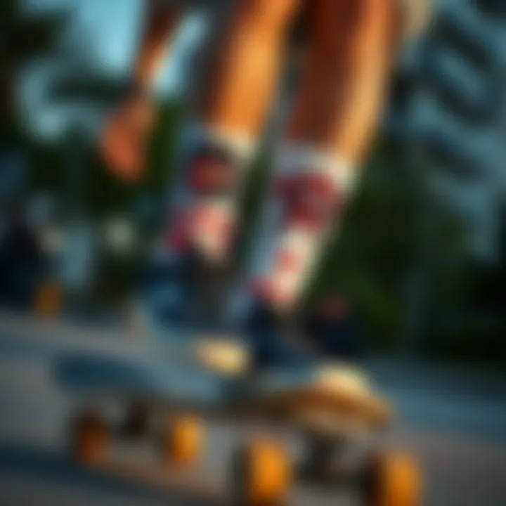 Close-up of a skateboarder wearing stylish graphic crew socks while skating