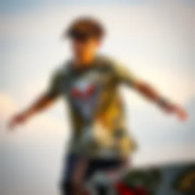 Skateboarder wearing an all over print tee shirt in action