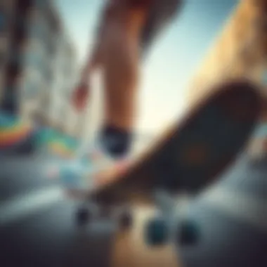Skateboarder in Urban Setting A skateboarder wearing Nike tie dye shoes in an urban setting