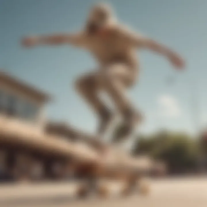 A stylish skateboarder wearing a beige dad hat while performing a trick.