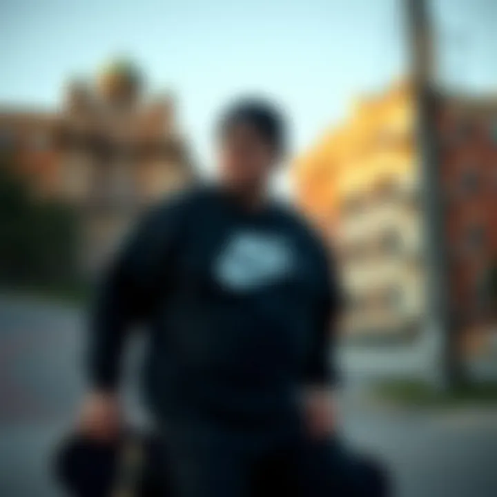 Skateboarder Embracing Style in Plus Size Nike Sweatshirt A skateboarder wearing a plus size Nike sweatshirt, blending street style with athletic functionality.