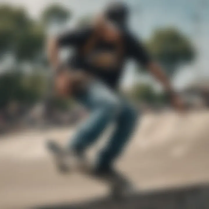 Skateboarder using a sling bag while performing tricks