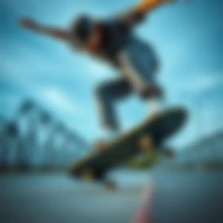 Dynamic Skateboarding with Camo Grip Tape Skateboarder performing a trick with camo grip tape