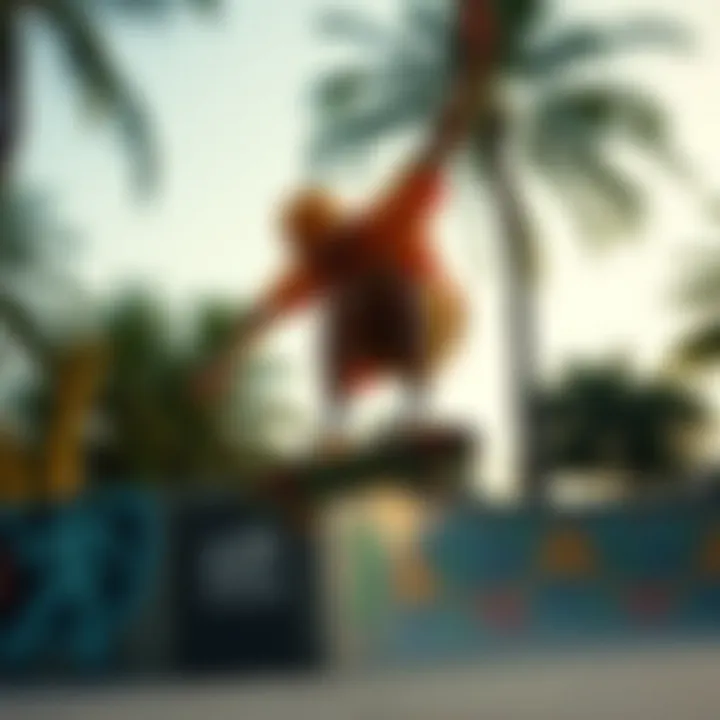 Skateboarder performing tricks in a reggae-themed park.