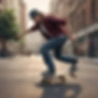 A skateboarder using a flannel tool on a skateboard in an urban environment, blending function and style.