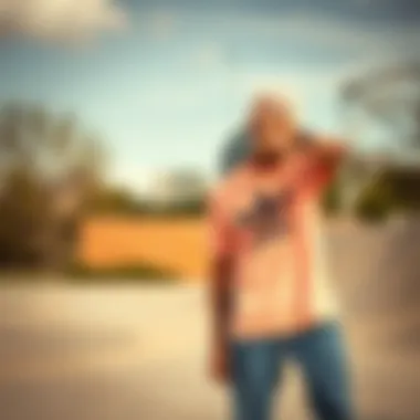 Live Action: Peach Adidas Shirt in Skate Culture Skateboarder wearing peach Adidas shirt at a skate park