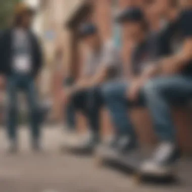 Skateboarders Discussing Fashion Choices A group of skateboarders discussing fashion choices influenced by Converse.