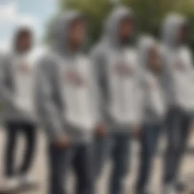 A group of skateboarders wearing gray hoodies, embodying the sense of community in skate culture.