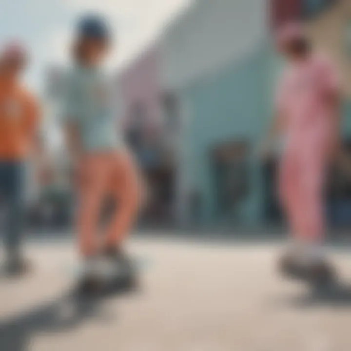 A group of skateboarders wearing various pastel-colored outfits in an urban setting.