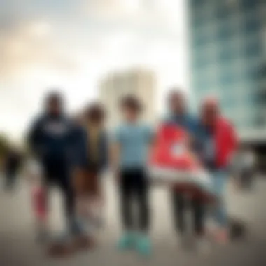 A group of skateboarders wearing red stacked Converse in an urban setting.