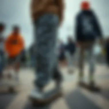Community Vibes: Skate Culture and Reverse Weave Sweatpants Skateboarding scene depicting camaraderie among skaters in reverse weave sweatpants.