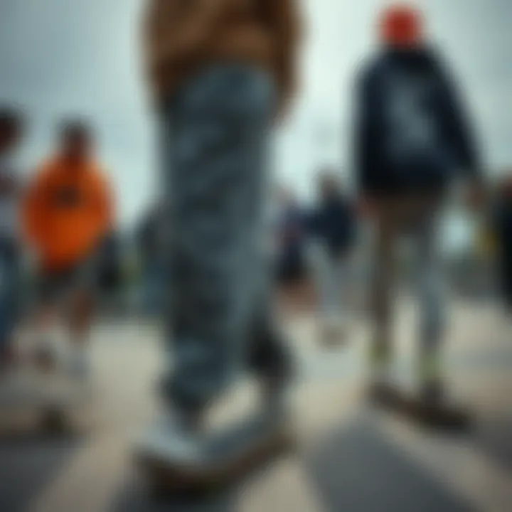 Community Vibes: Skate Culture and Reverse Weave Sweatpants Skateboarding scene depicting camaraderie among skaters in reverse weave sweatpants.