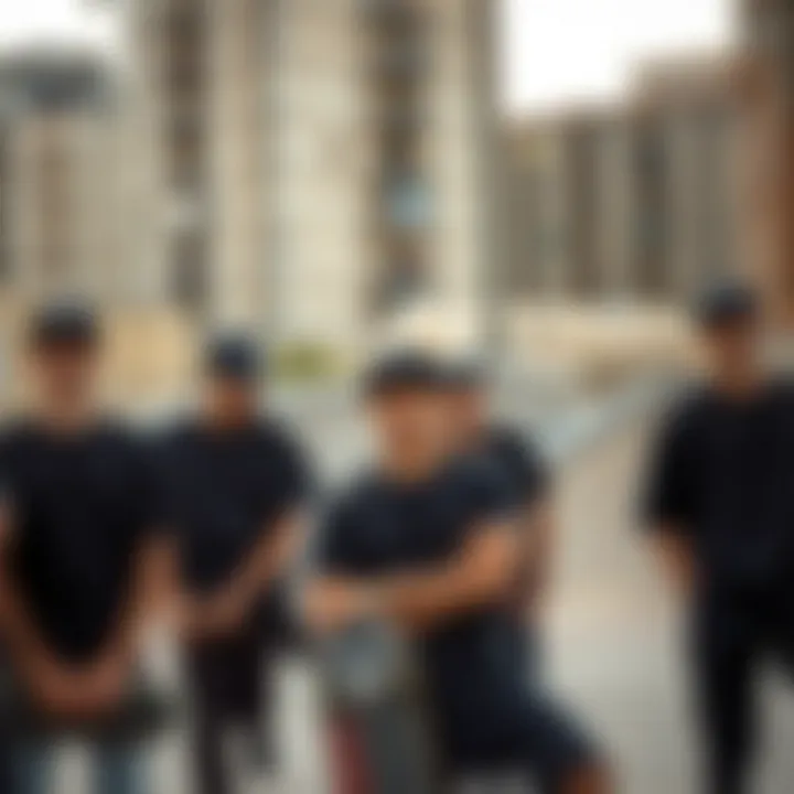 A group of skateboarders wearing black t-shirts in an urban skate park setting.