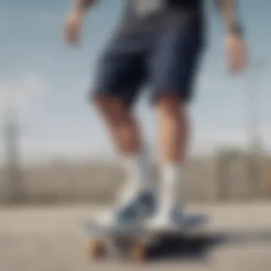 Stylish skateboarder wearing Nike shorts, merging fashion with functionality in skate culture.