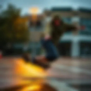 Skateboarding Performance with Gore-Tex Skateboarder performing tricks in rainy conditions