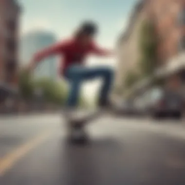 A skateboarder performing a trick on a city street during the 1980s