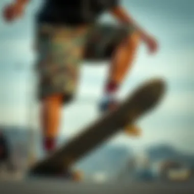 Skater showcasing camo sweatshorts during a trick