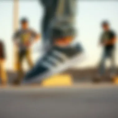 Skater performing tricks while wearing Adidas shoes