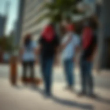 Skaters Embracing Culture A group of skaters in an urban setting, wearing bandannas and Vans, embodying the spirit of skate culture and community.