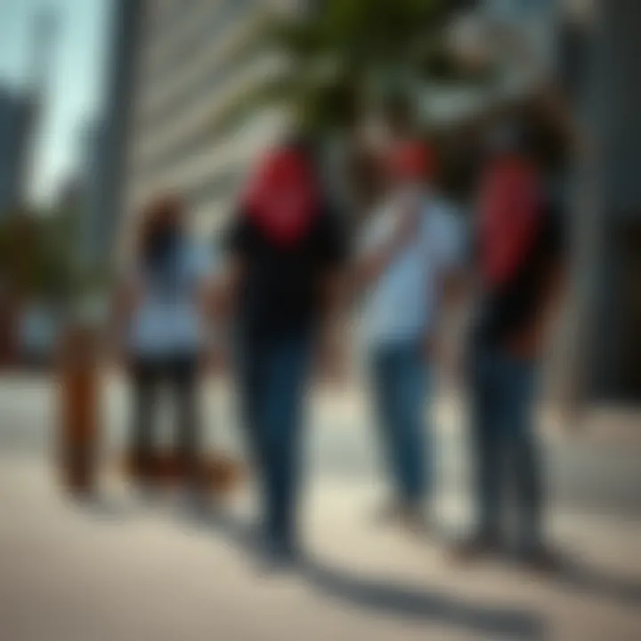 Skaters Embracing Culture A group of skaters in an urban setting, wearing bandannas and Vans, embodying the spirit of skate culture and community.