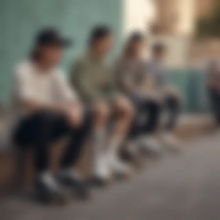 Group of skaters discussing fashion choices, focusing on socks