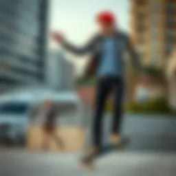 A skateboarder performing a trick while wearing skinny black denim jeans against an urban backdrop