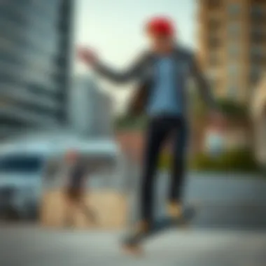 Skateboarding in Style: The Role of Skinny Black Denim A skateboarder performing a trick while wearing skinny black denim jeans against an urban backdrop