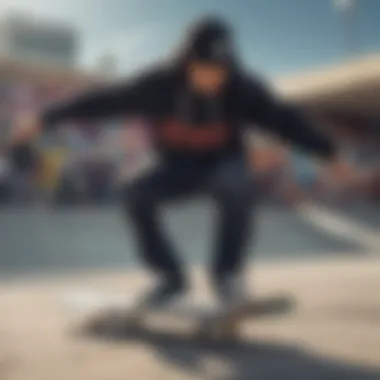 A skateboarder wearing the Slayer zip hoodie performing a trick at a skatepark.