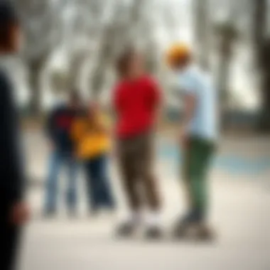 Group of skaters in a skate park wearing stylish snap track pants
