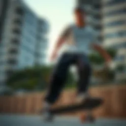 Skateboarder showcasing snap track pants in an urban environment