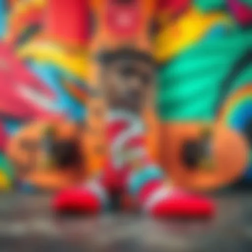 Artistic depiction of Stance Tupac socks against a vibrant skateboard backdrop