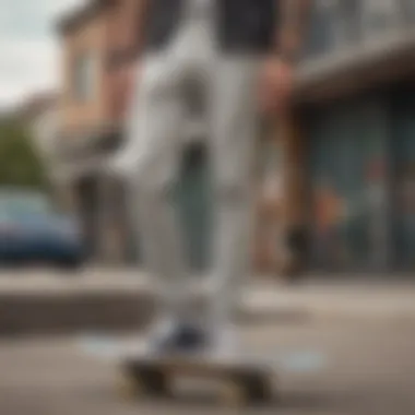 Elegant striped chino pants displayed in an urban skate setting