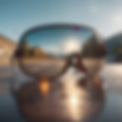 Close-up of high-quality sunglasses lenses reflecting a vibrant landscape