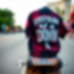 A vibrant System of a Down shirt displayed on a skateboard.
