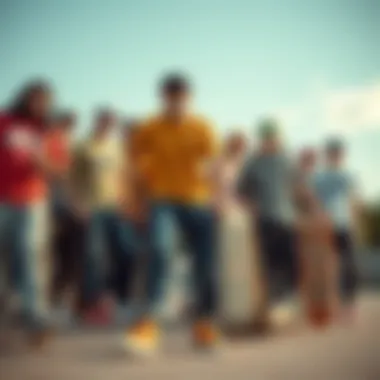 A group of skateboarders gathered, all sporting their Tan Hi Top Vans