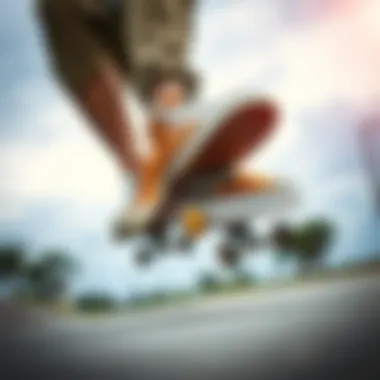 A skateboarder performing a trick while wearing Tan Hi Top Vans